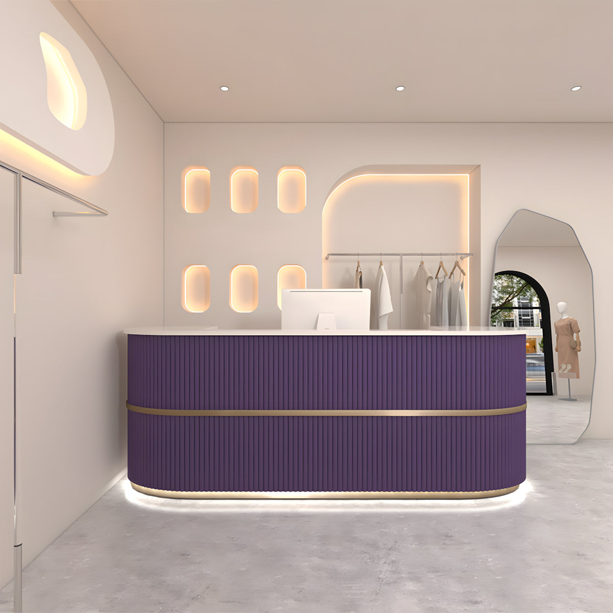 Curved salon reception desk lifestyle scene