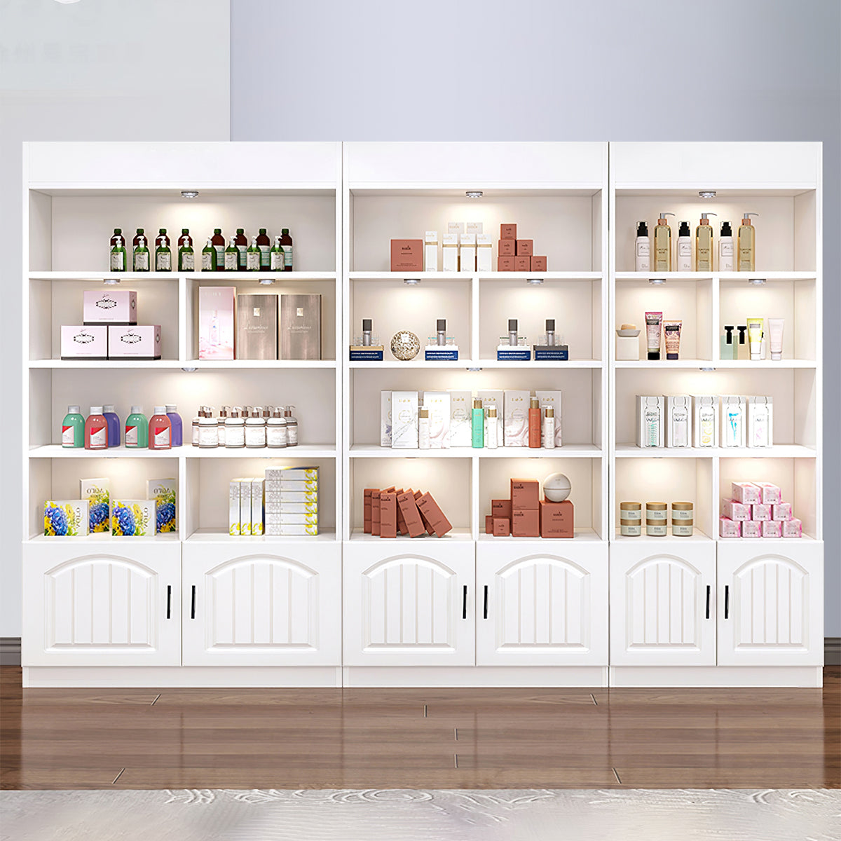 Salon Display Cabinet, angled product view, Modern White Beauty Salon Display Cabinet With LED Lights finish, for office storage space, office storage...