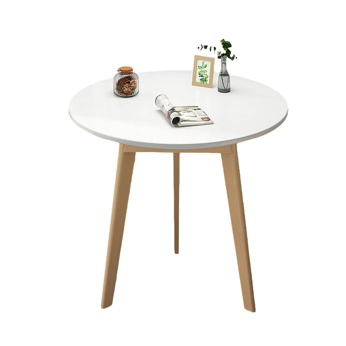 Round coffee table in white color option with solid wood frame
