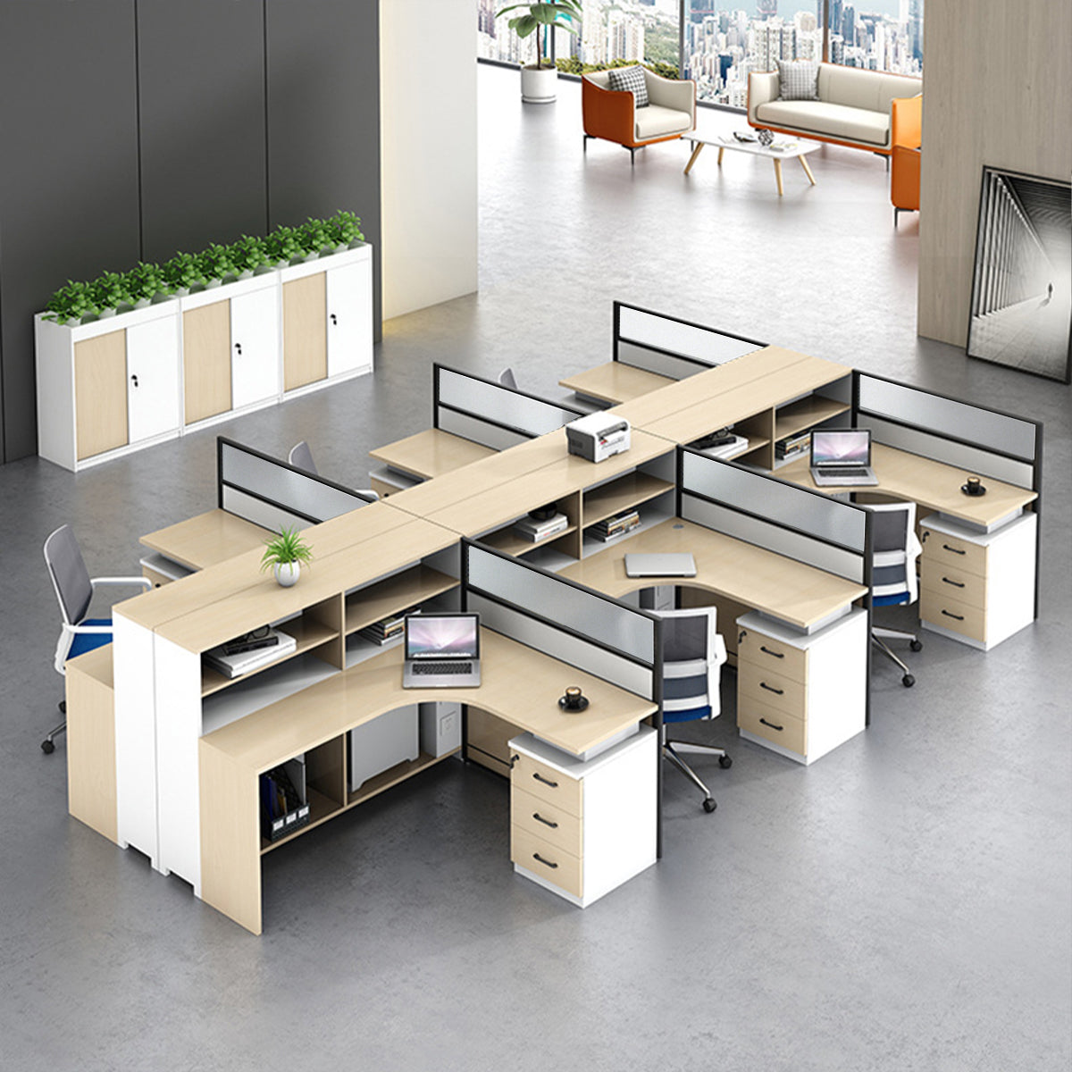 L-Shaped office desk dimensional drawing with measurements (59 color option