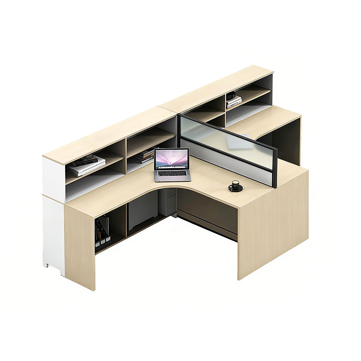 L-Shaped office desk in khaki color option with integrated cable management