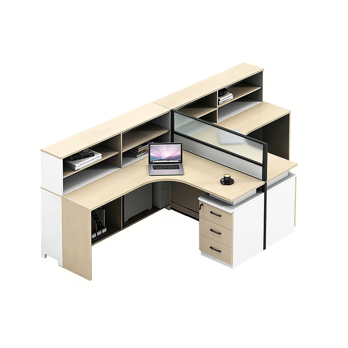 L-Shaped office desk in khaki color option with integrated cable management