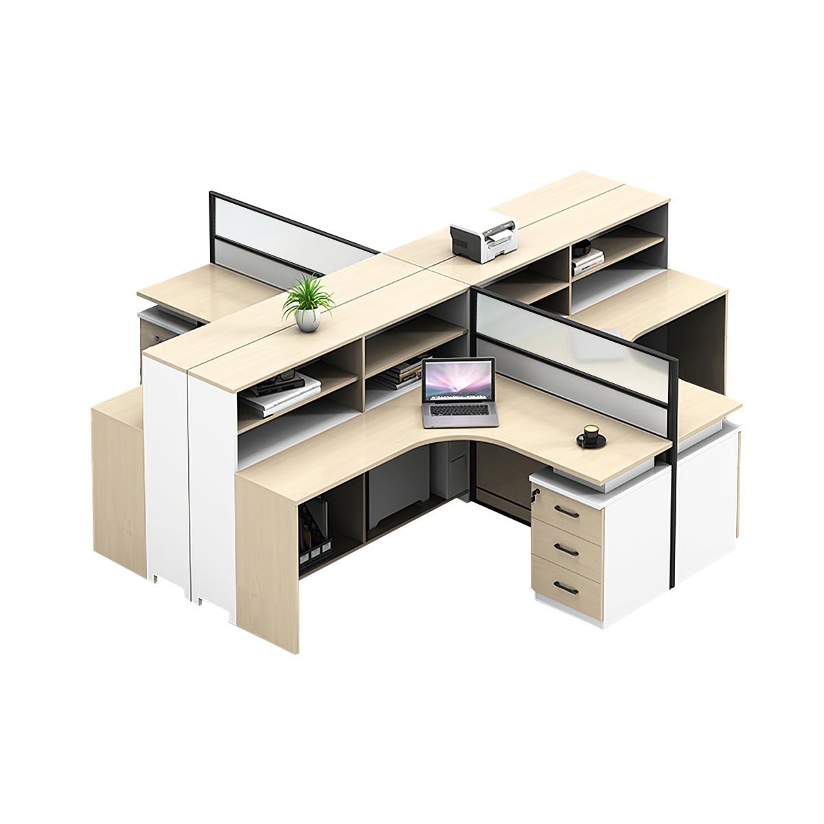 L-Shaped office desk in khaki color option with integrated cable management