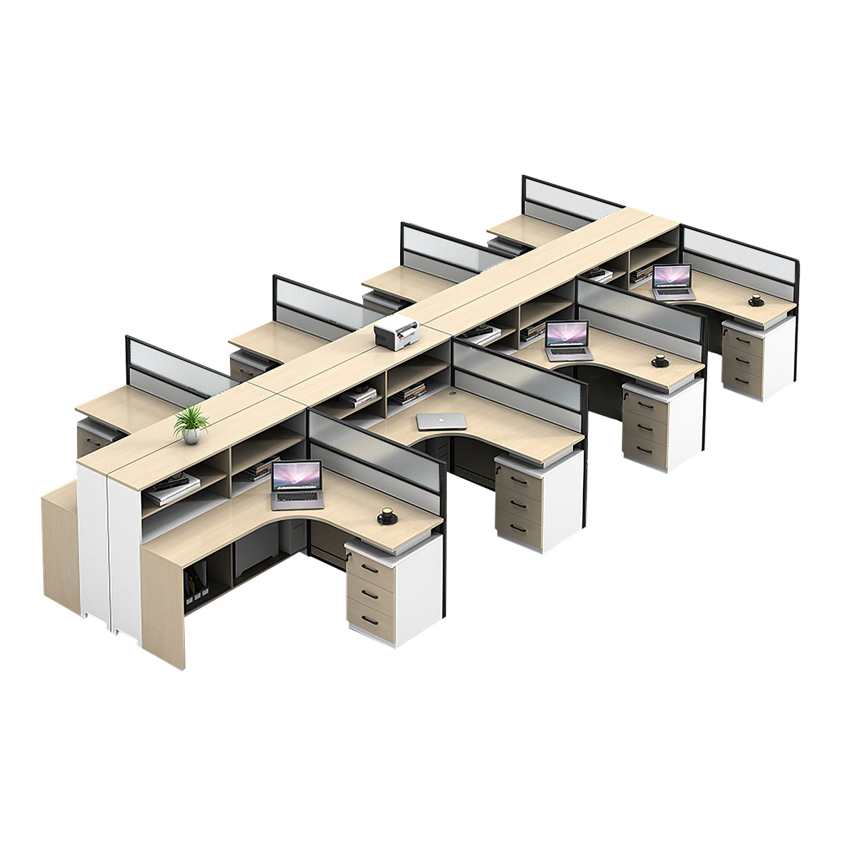 L-Shaped office desk in khaki color option with integrated cable management