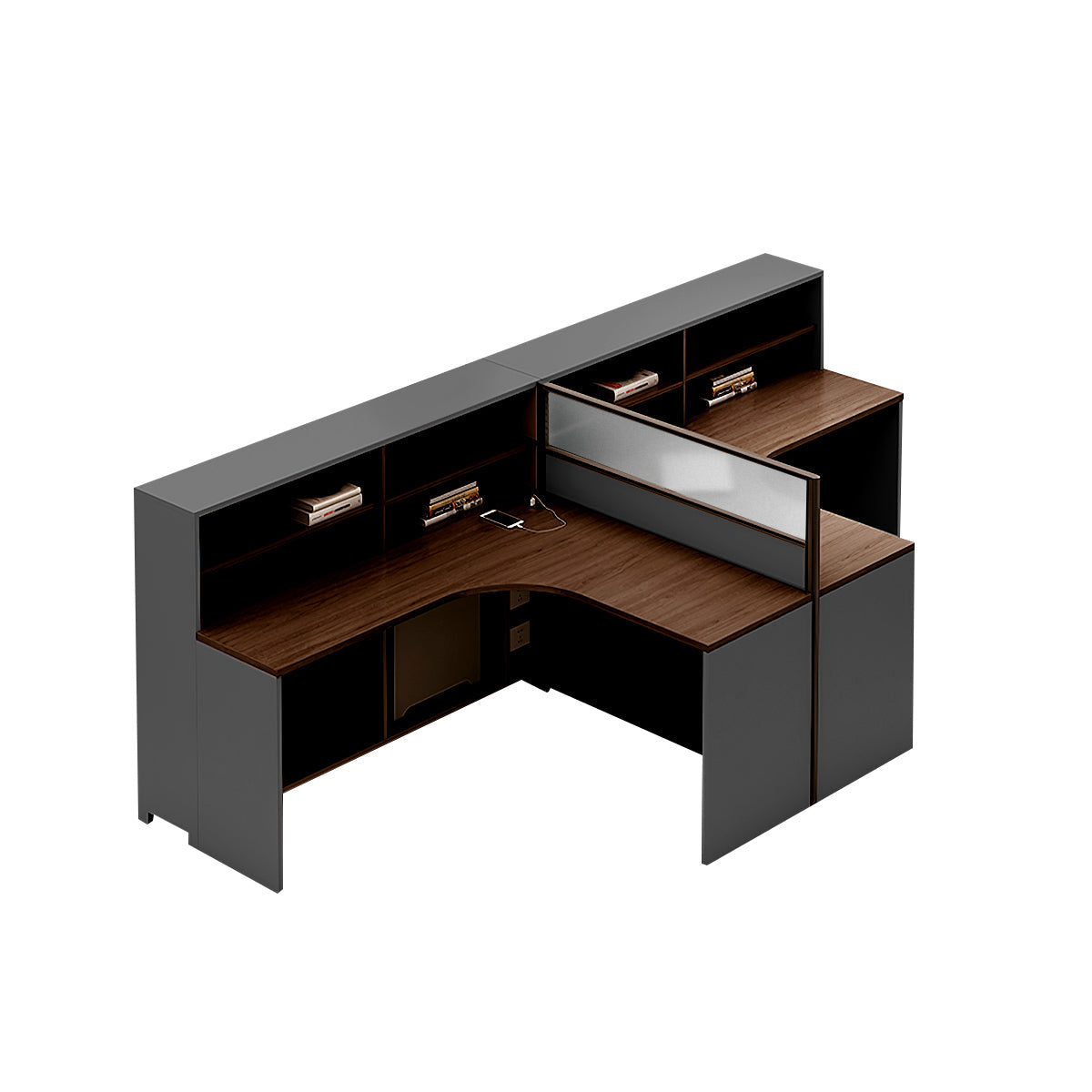 L-Shaped office desk in brown color option with integrated cable management