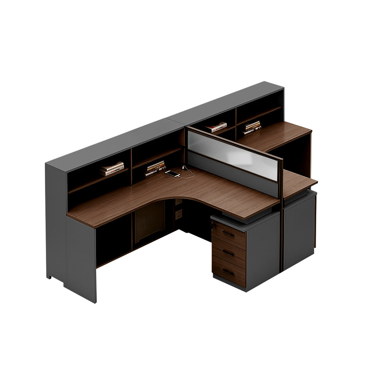 L-Shaped office desk in brown color option with integrated cable management