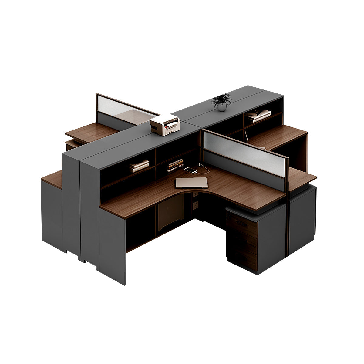 L-Shaped office desk in brown color option with integrated cable management
