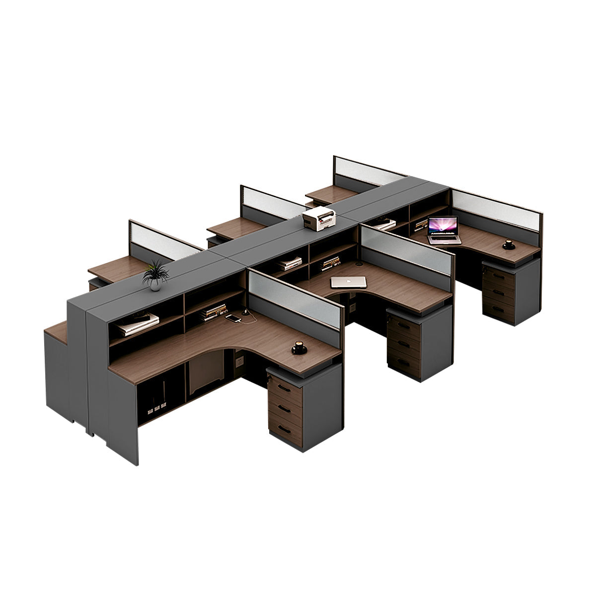 L-Shaped office desk in brown color option with integrated cable management
