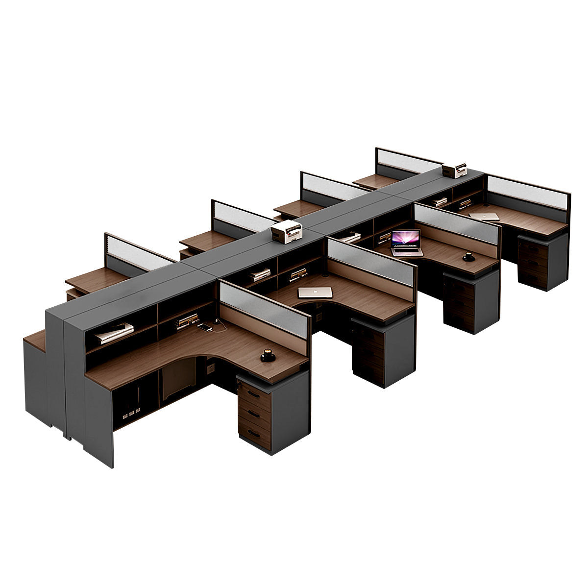 L-Shaped office desk in brown color option with integrated cable management