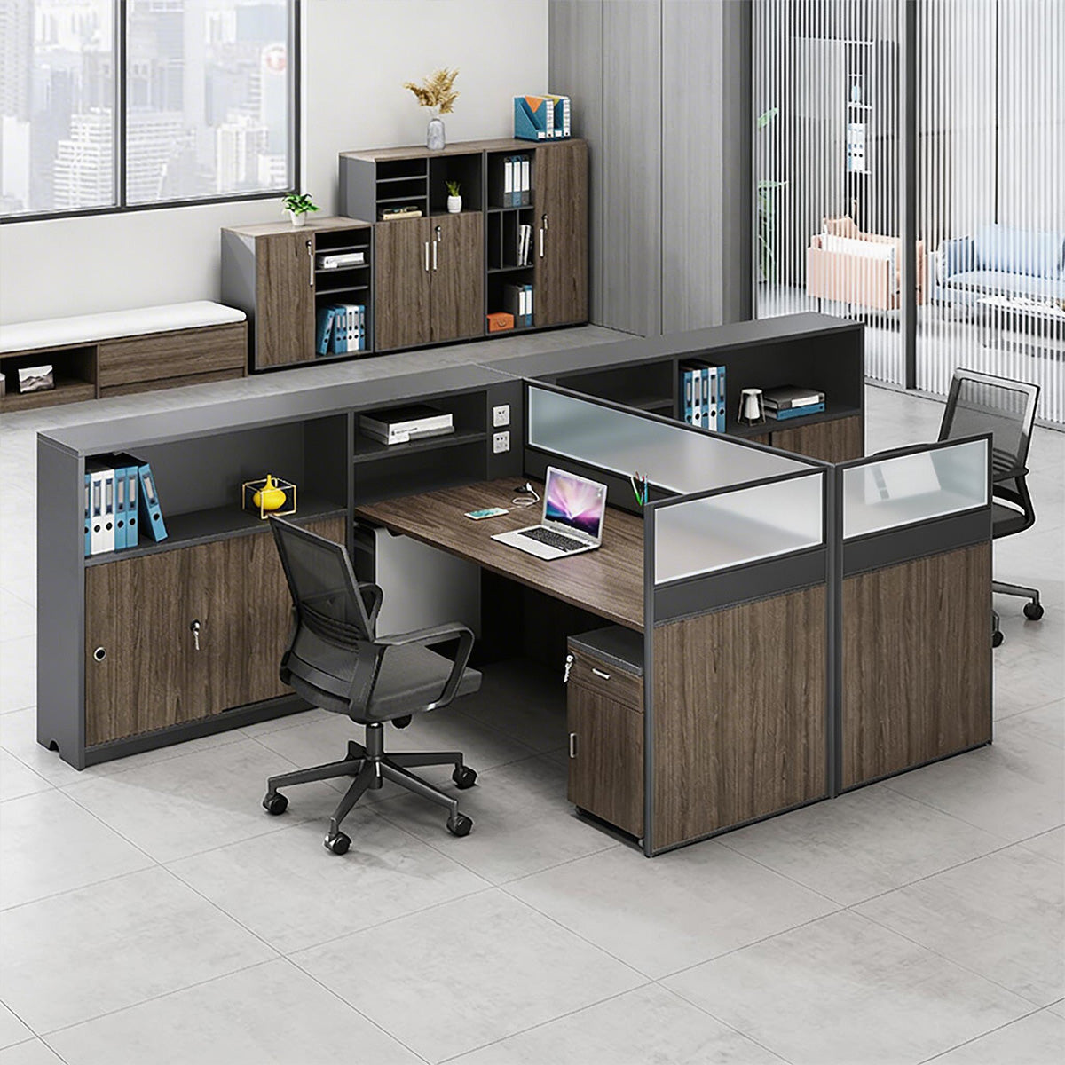 Modern L-Shaped Office Desk with Storage Cabinet and Privacy Panel
