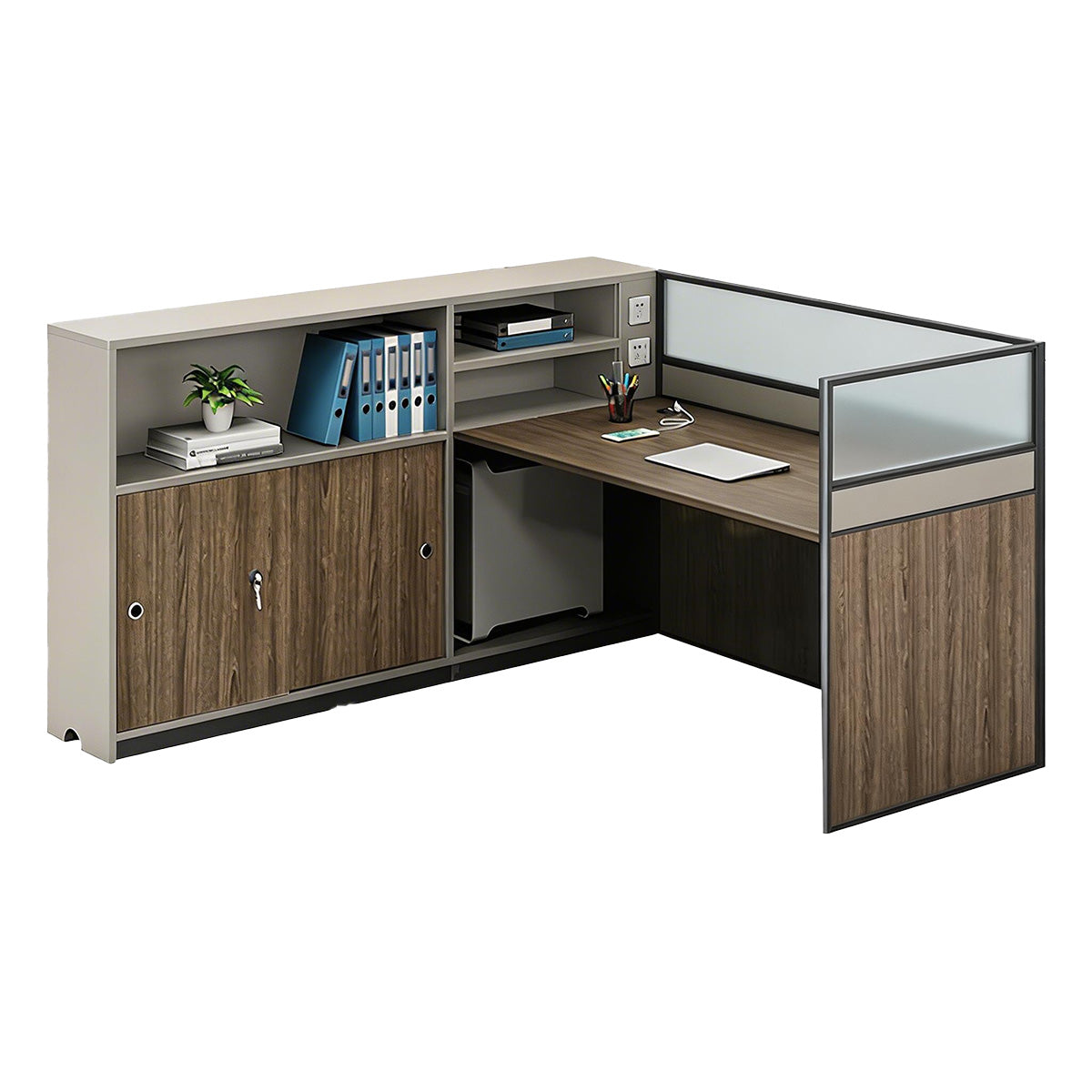 Modern L-Shaped Office Desk with Storage Cabinet and Privacy Panel
