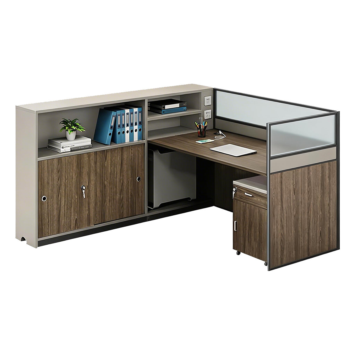 Modern L-Shaped Office Desk with Storage Cabinet and Privacy Panel