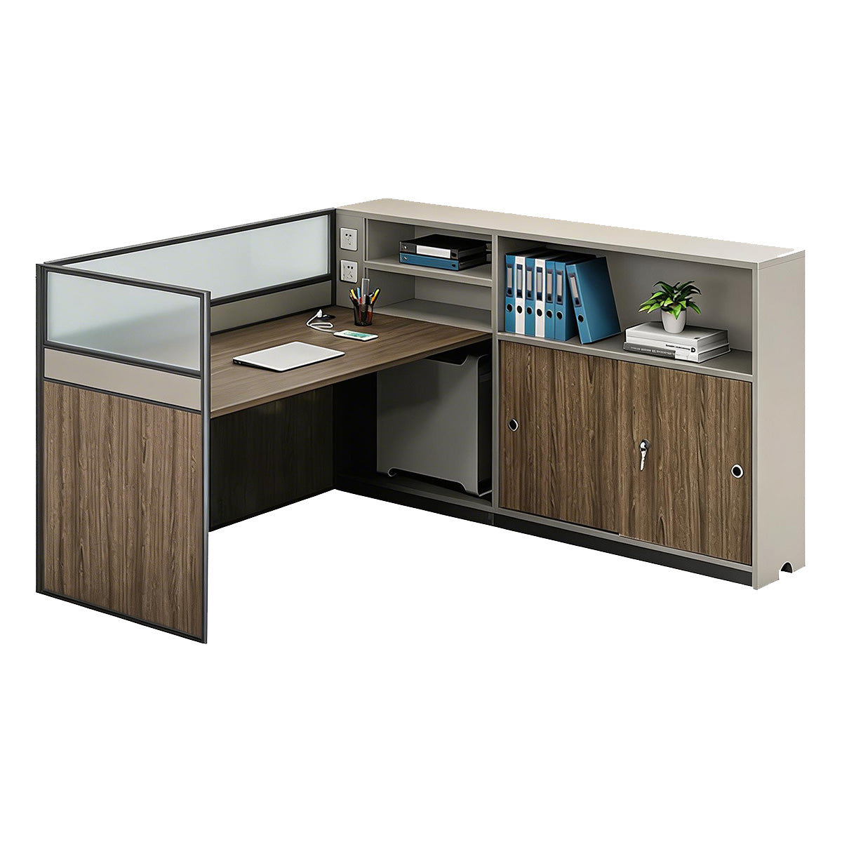 Modern L-Shaped Office Desk with Storage Cabinet and Privacy Panel