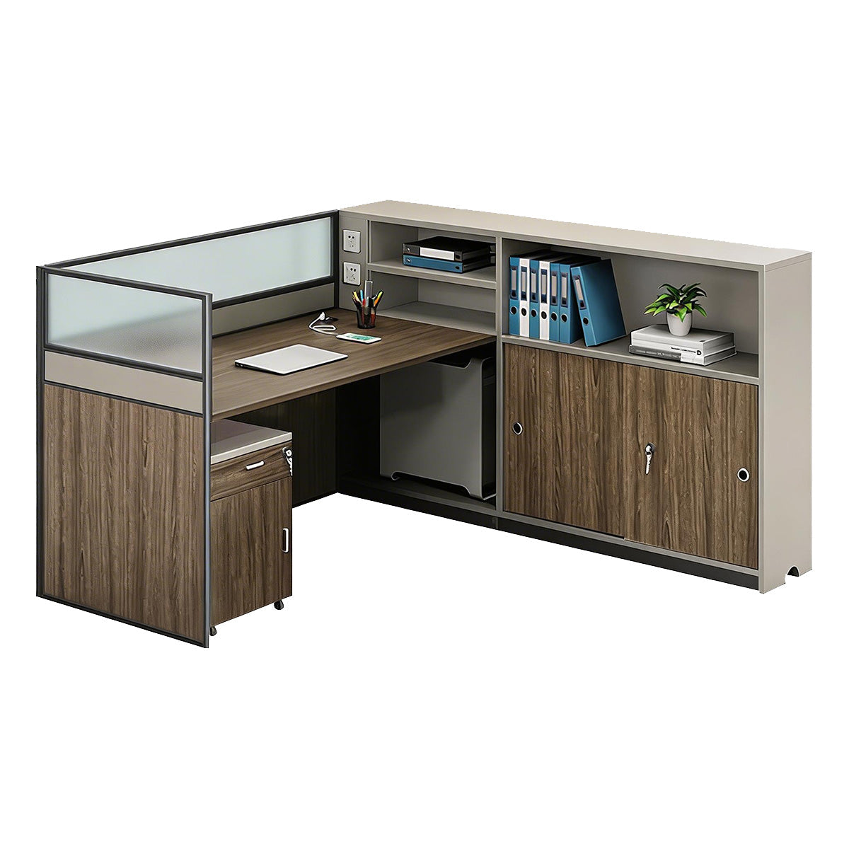 Modern L-Shaped Office Desk with Storage Cabinet and Privacy Panel
