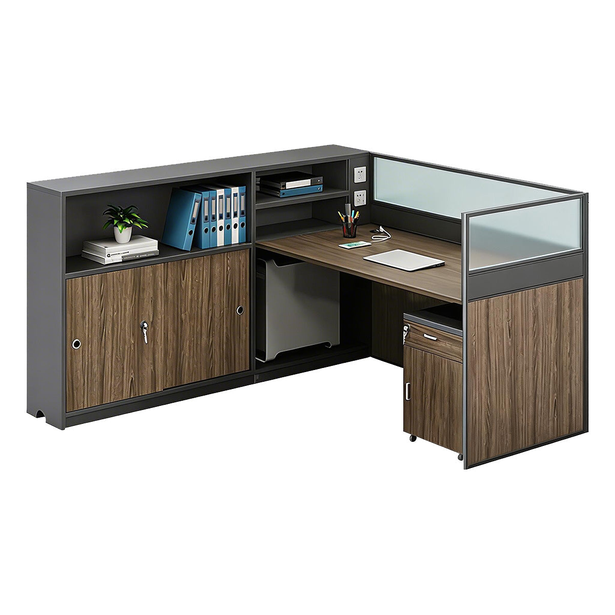 Modern L-Shaped Office Desk with Storage Cabinet and Privacy Panel