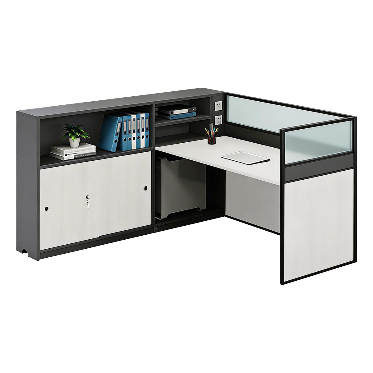 Modern L-Shaped Office Desk with Storage Cabinet and Privacy Panel