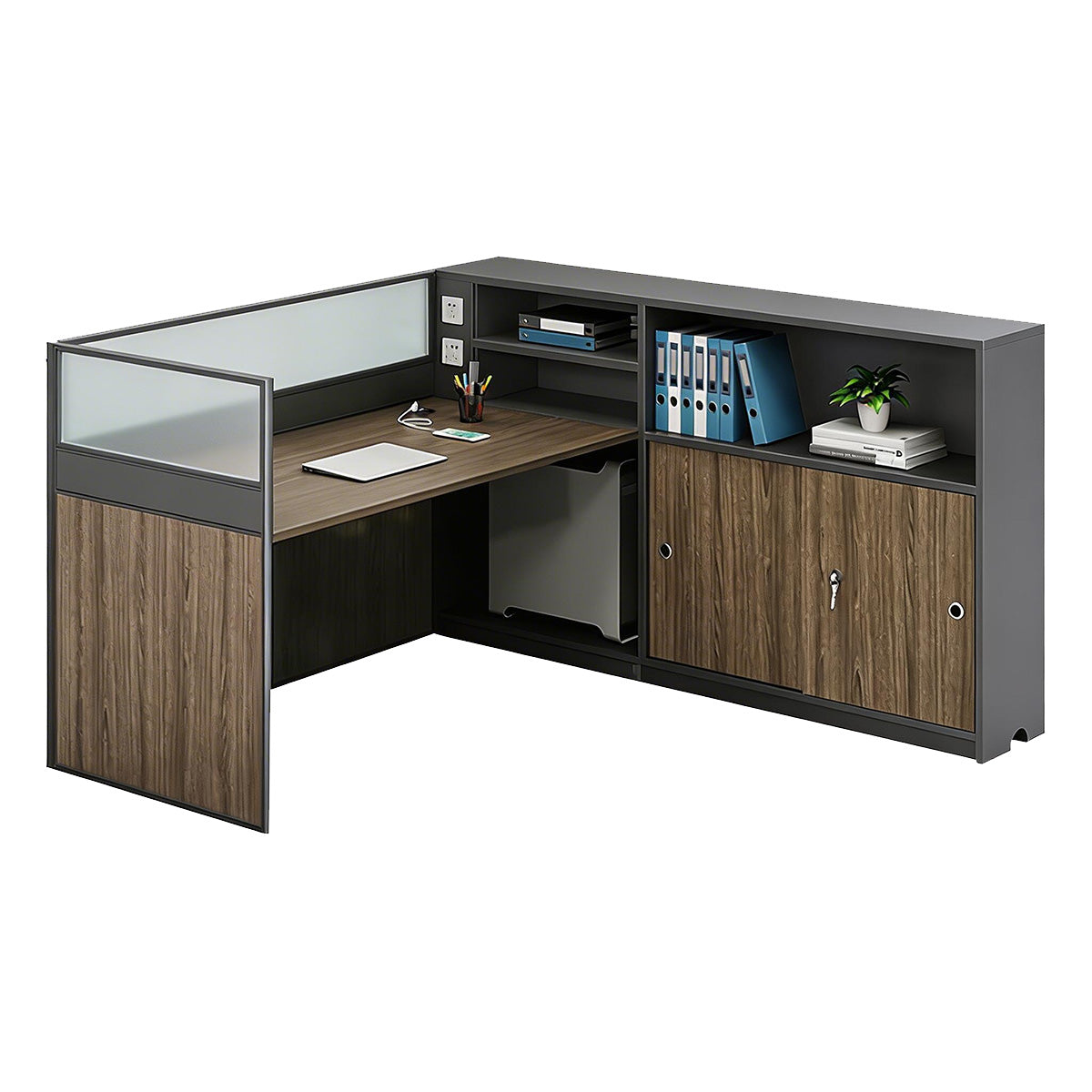 Modern L-Shaped Office Desk with Storage Cabinet and Privacy Panel