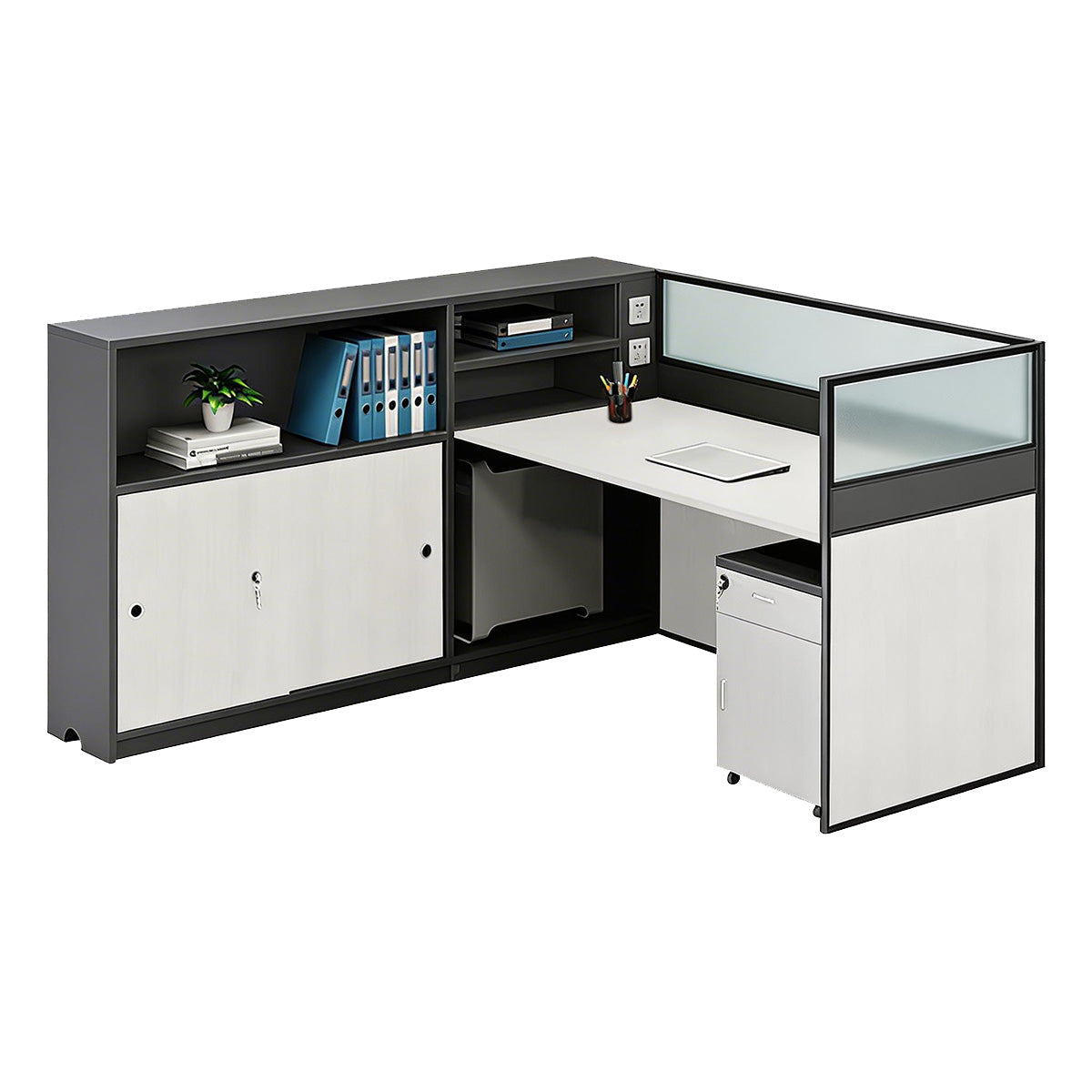 Modern L-Shaped Office Desk with Storage Cabinet and Privacy Panel
