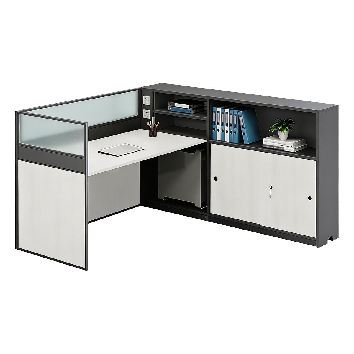 Modern L-Shaped Office Desk with Storage Cabinet and Privacy Panel