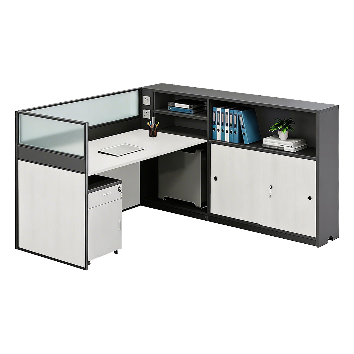 Modern L-Shaped Office Desk with Storage Cabinet and Privacy Panel