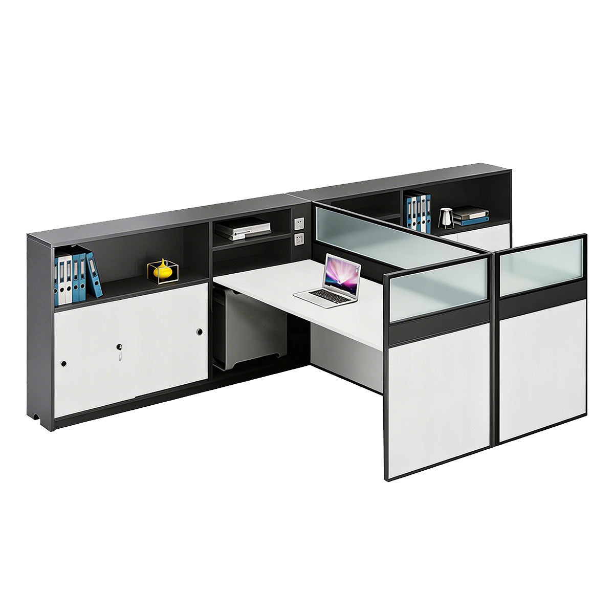 Modern L-Shaped Office Desk with Storage Cabinet and Privacy Panel