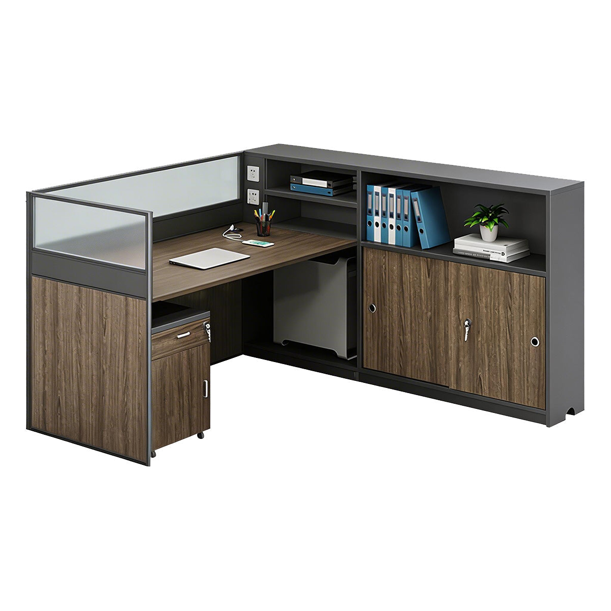 Modern L-Shaped Office Desk with Storage Cabinet and Privacy Panel
