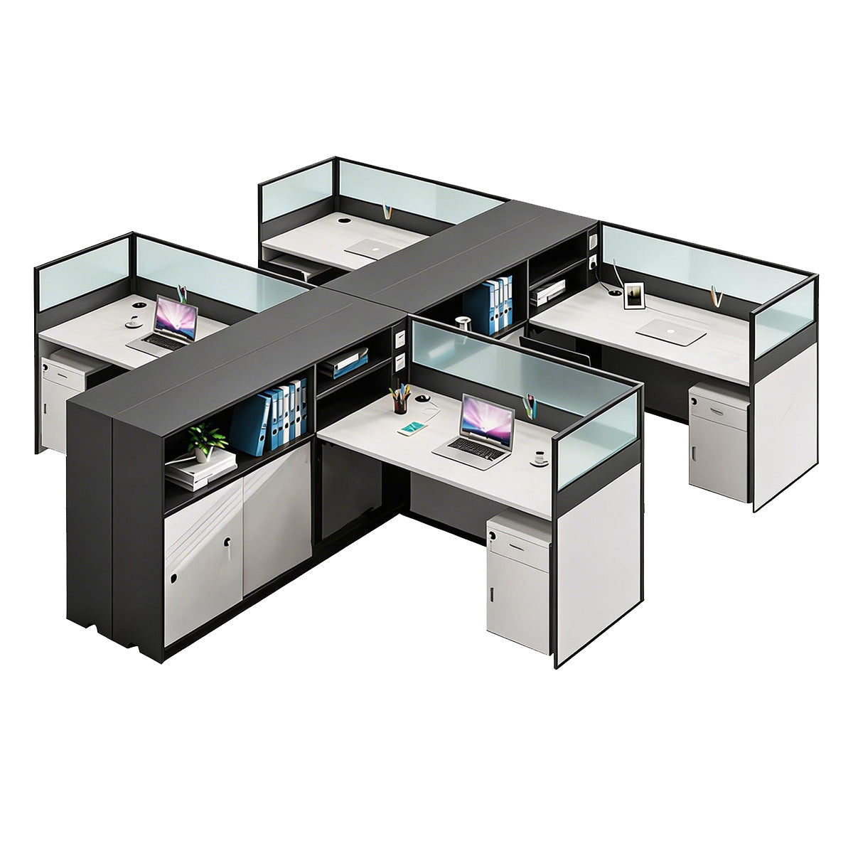 Modern L-Shaped Office Desk with Storage Cabinet and Privacy Panel