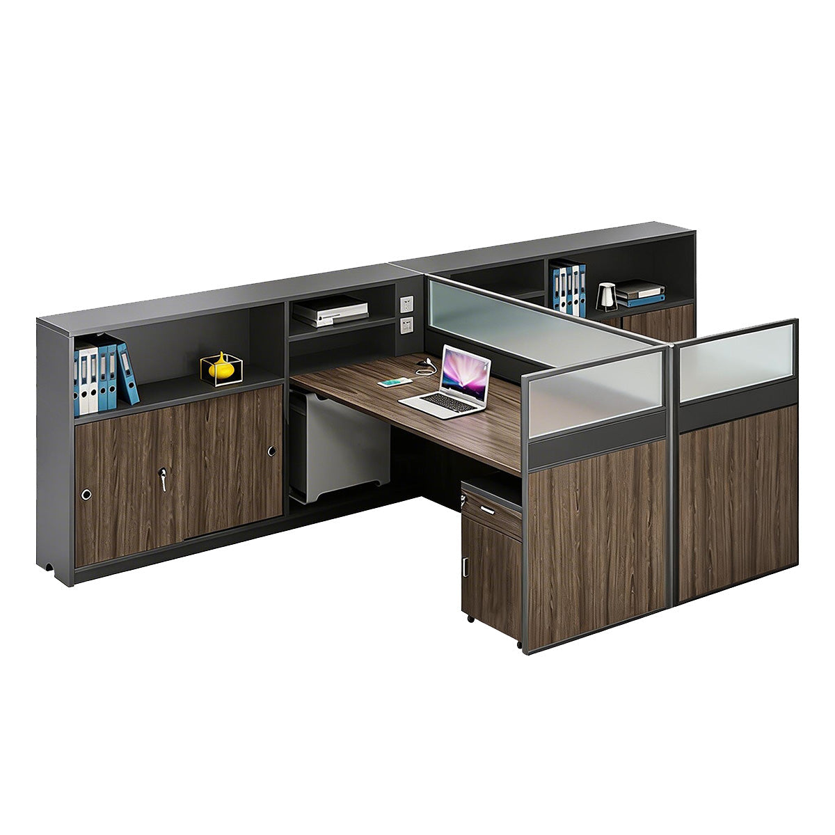 Modern L-Shaped Office Desk with Storage Cabinet and Privacy Panel