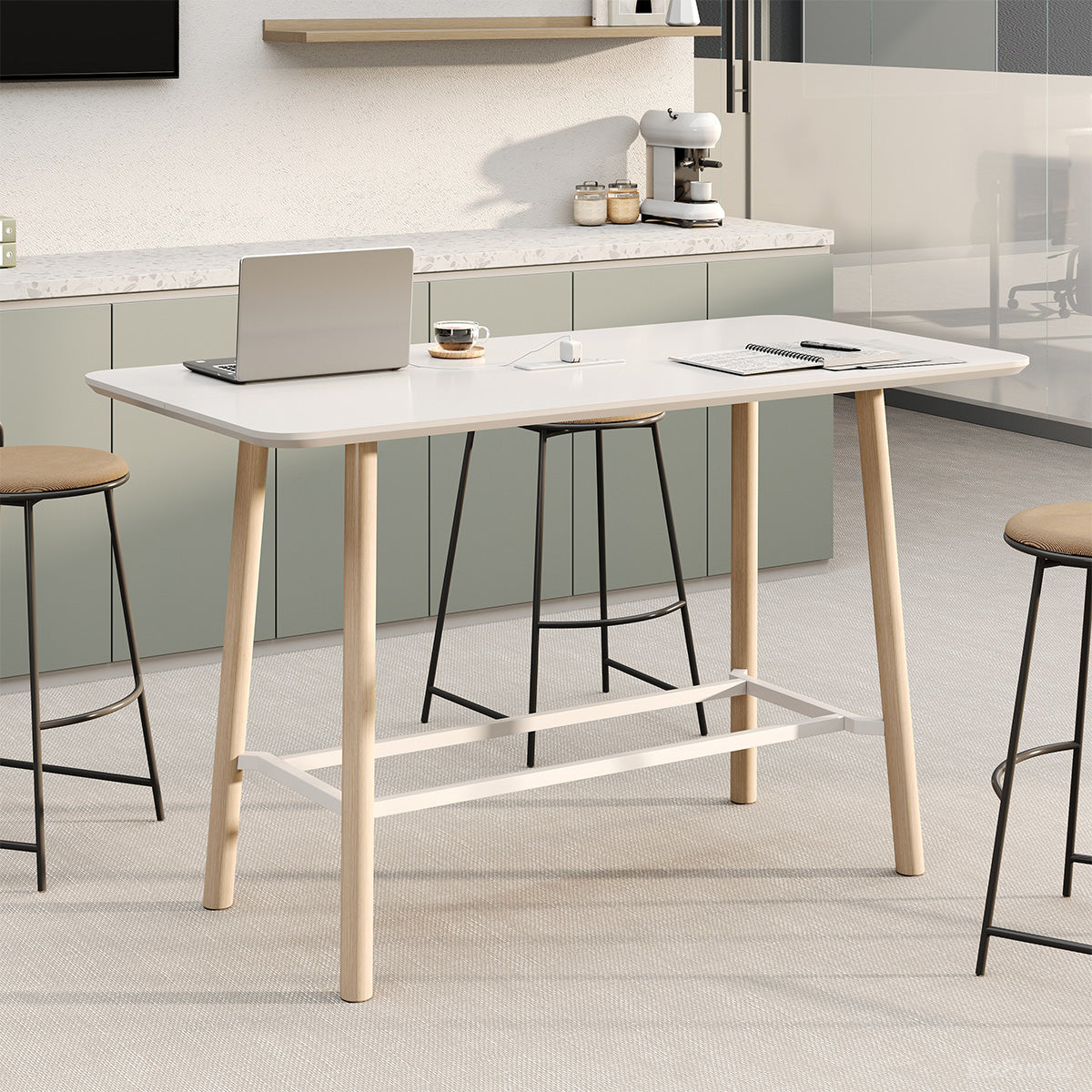 White High Bar Table With Wood Legs For Office Cafe
