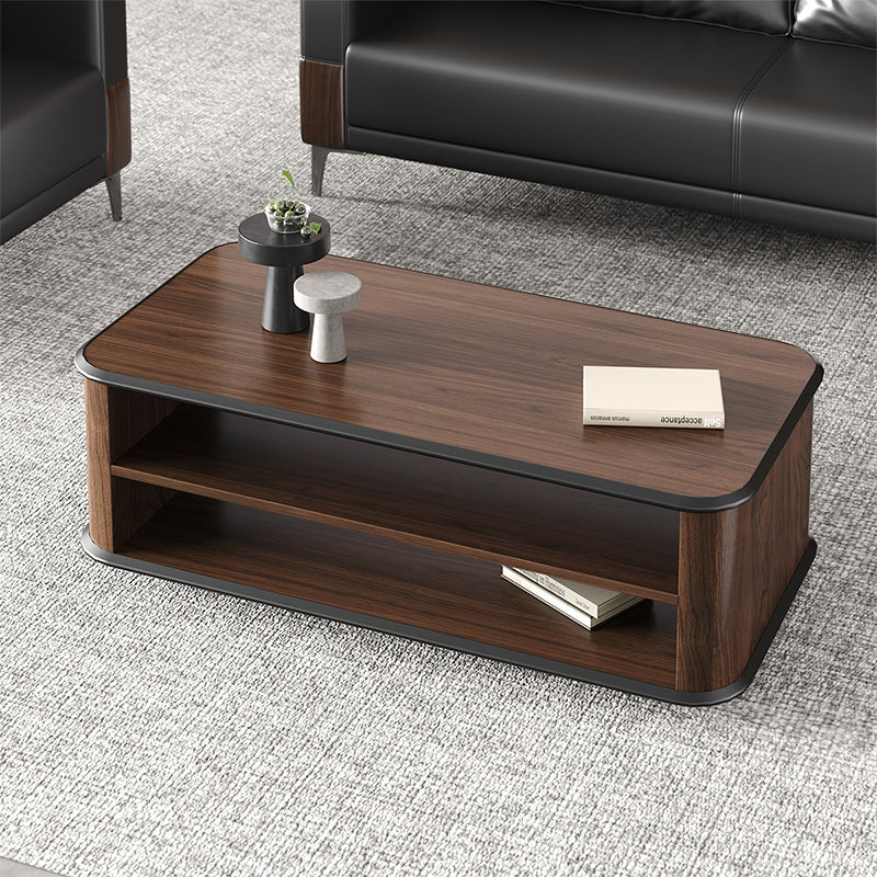 47" Dark Walnut Coffee Table with Dual-Tier Storage Shelves for Office Reception Areas and Living for modern office workspace
