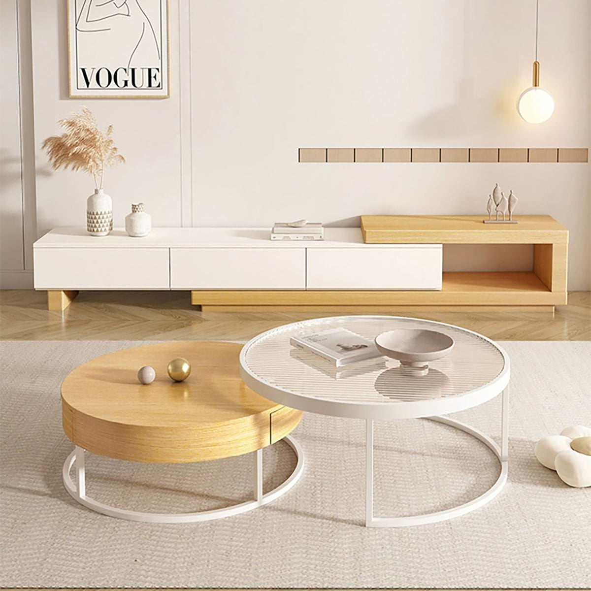 Modern TV Stand with Extendable, Glass Top & Cream for Living Room