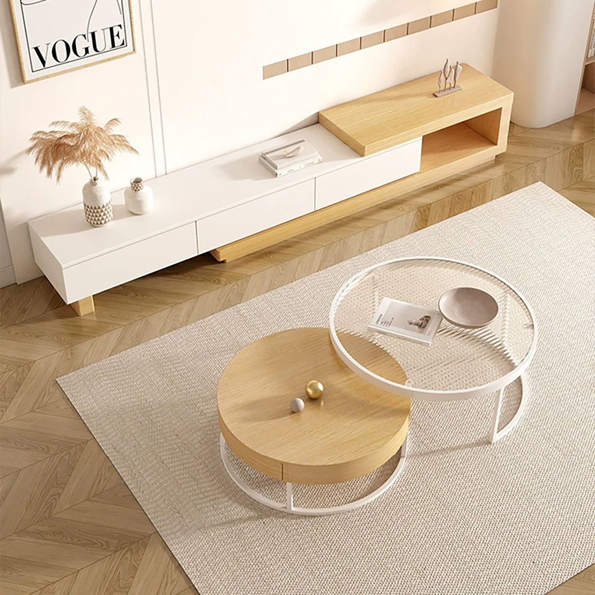 Modern TV Stand with Extendable, Glass Top & Cream for Living Room