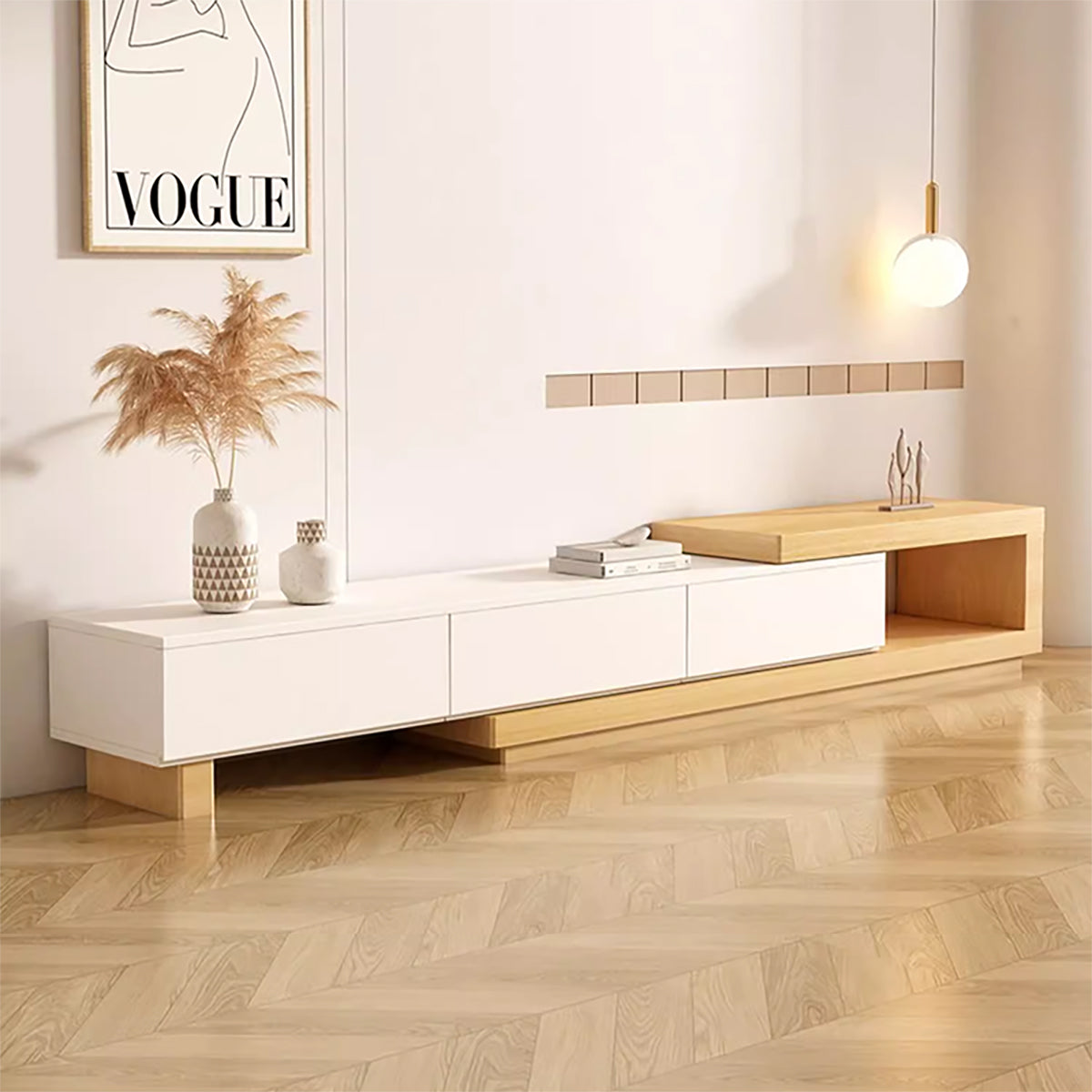 Modern TV Stand with Extendable, Glass Top & Cream for Living Room