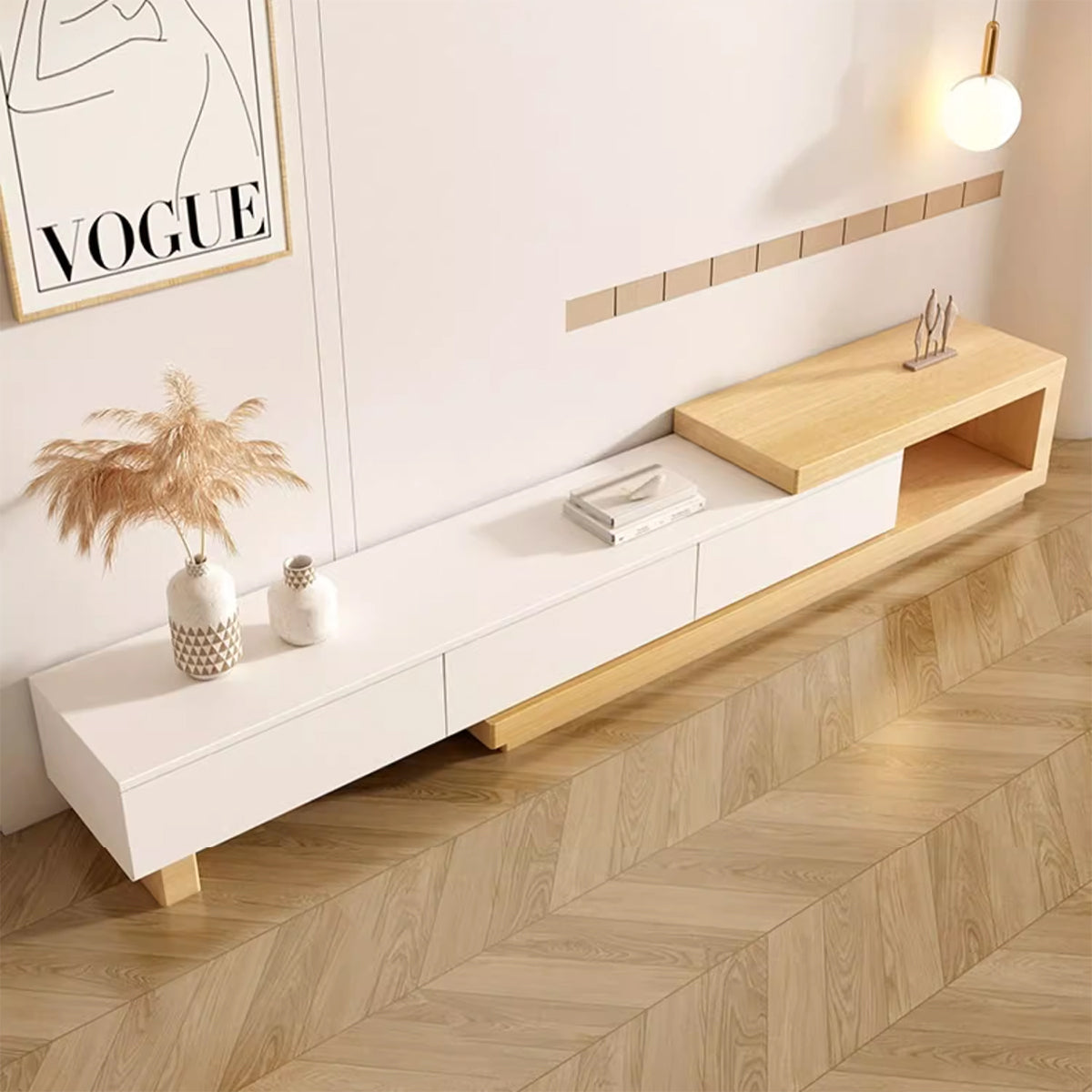 Modern TV Stand with Extendable, Glass Top & Cream for Living Room