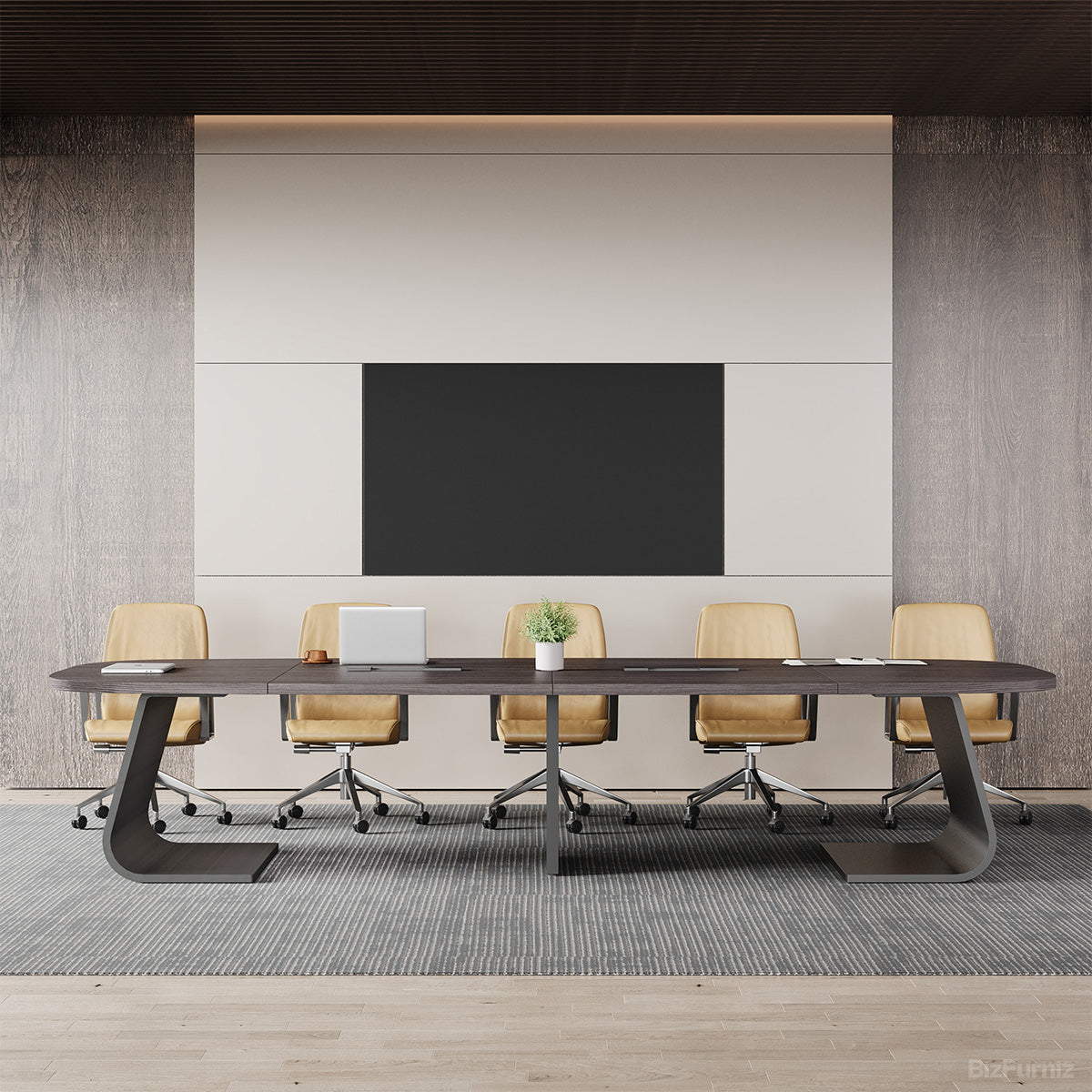 Front Side of a Black Oval Conference Table