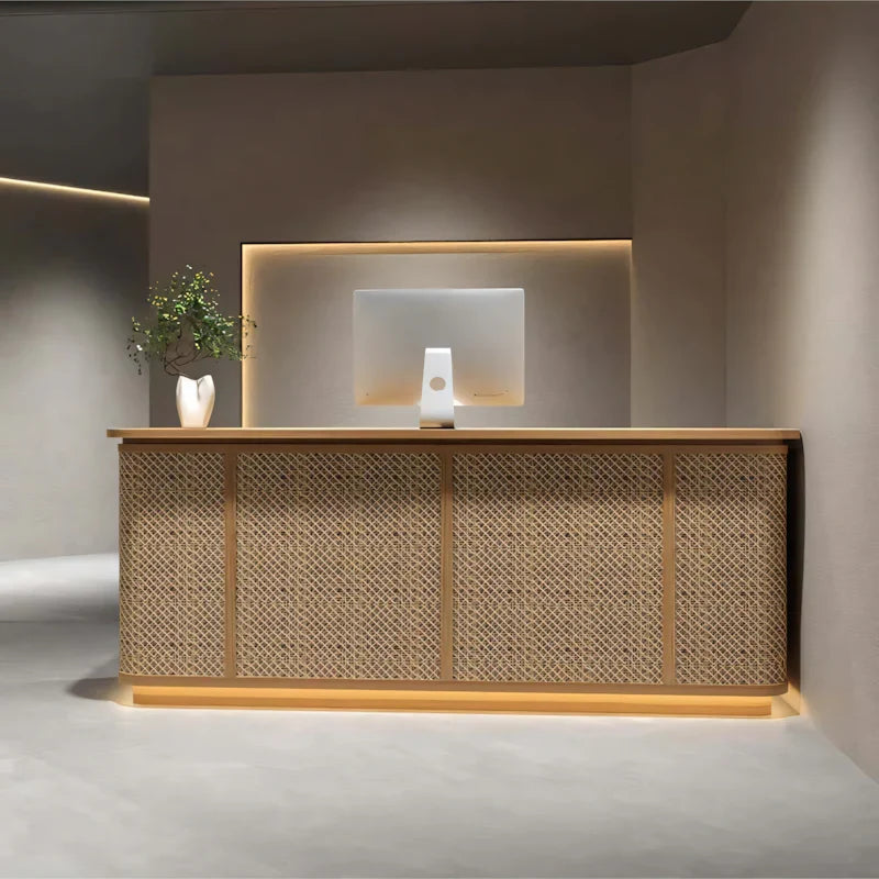 Rattan Reception Desk 47–118 in Wide, Open Shelf