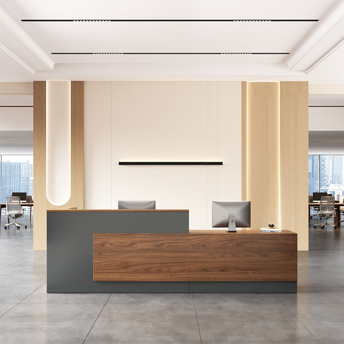 Modern Reception Desk with Counter, Cable Grommet and Cabinets product view 17