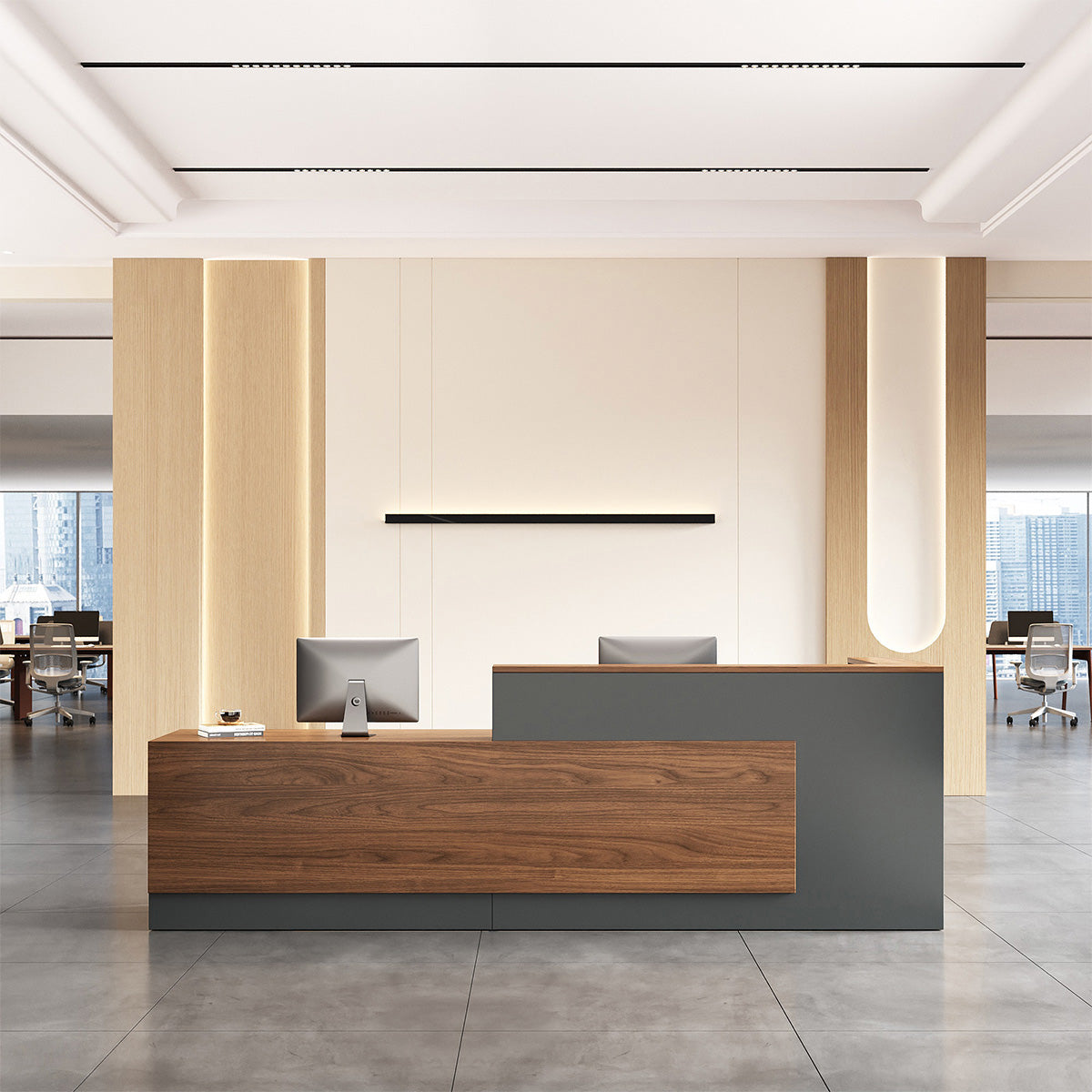 Modern Reception Desk with Counter, Cable Grommet and Cabinets product view 15