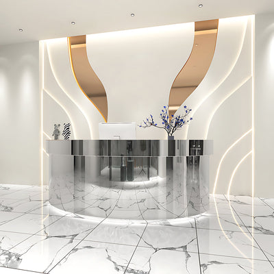 Curved Stainless Reception Desk 39–118 in Wide