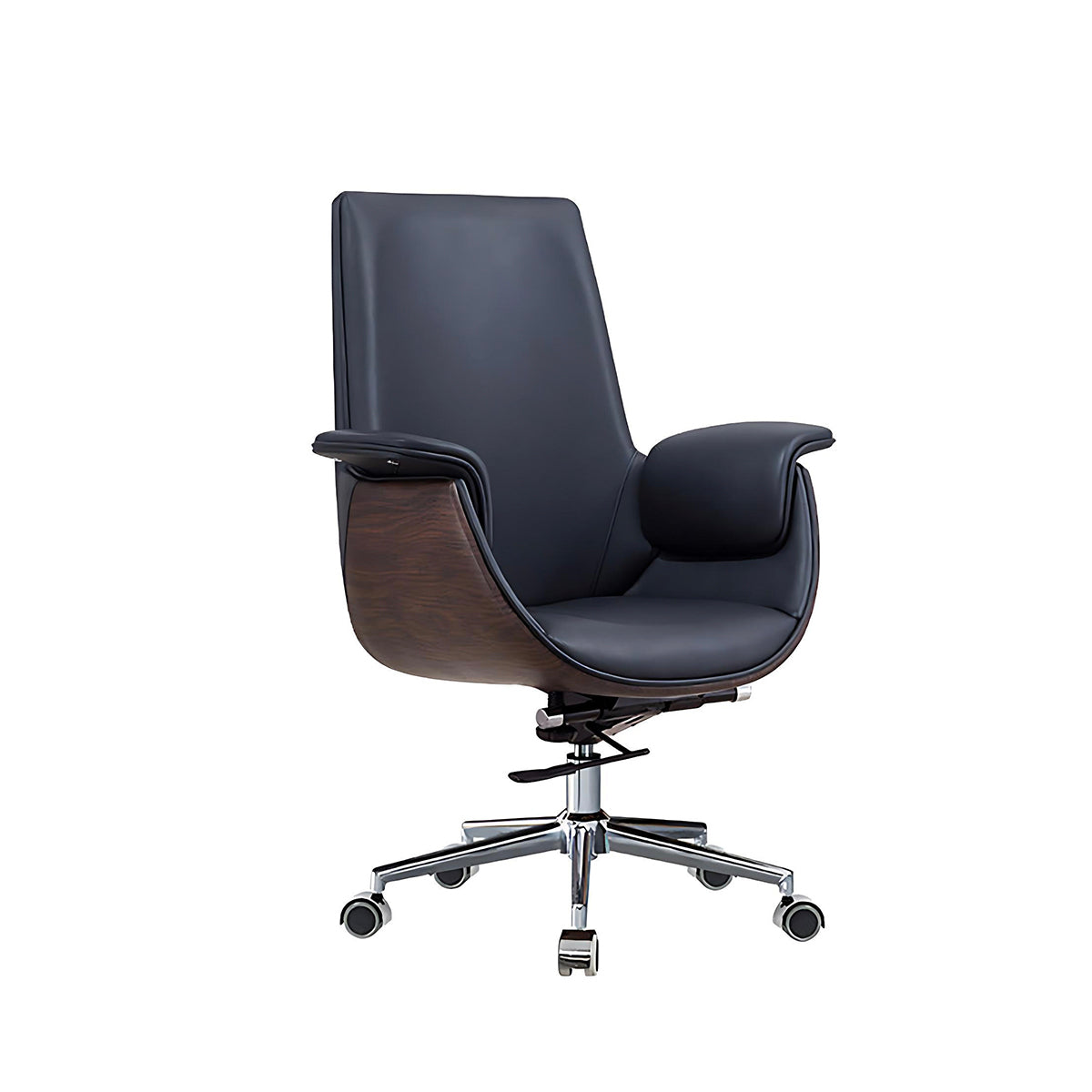 Office Chair, Black + Dark Wood Grain Leather Mid-Back Rolling Base Chair, Black + Dark Wood Grain finish, for office workstation,...