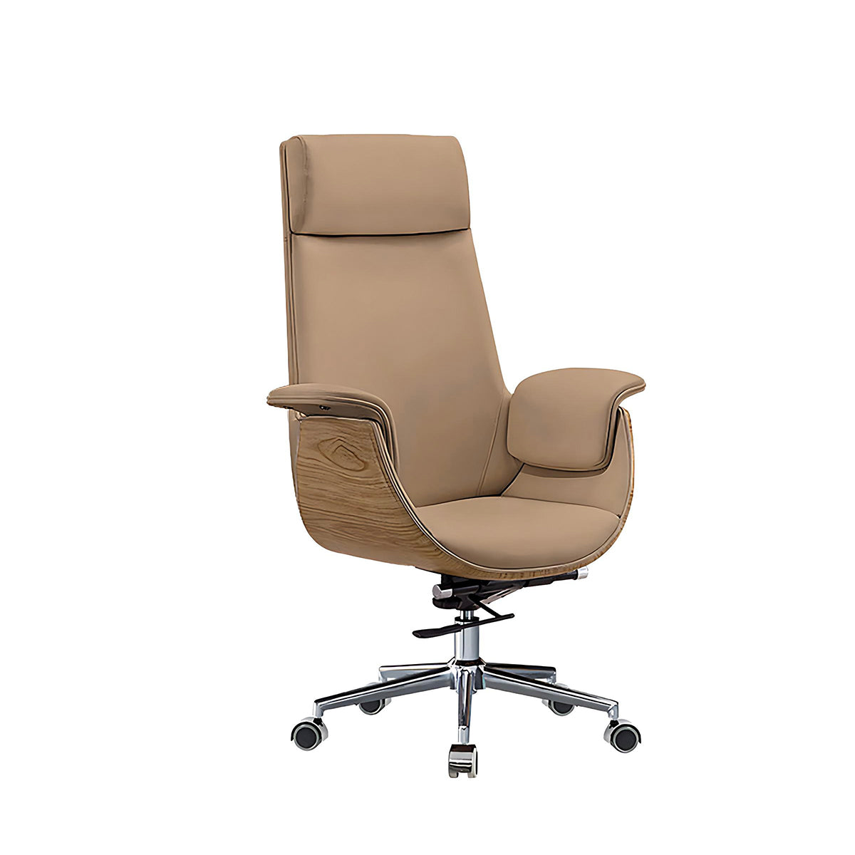 Office Chair, Khaki + Light Wood Grain Leather High-Back Rolling Base Chair, Khaki + Light Wood Grain finish, for office workstation,...