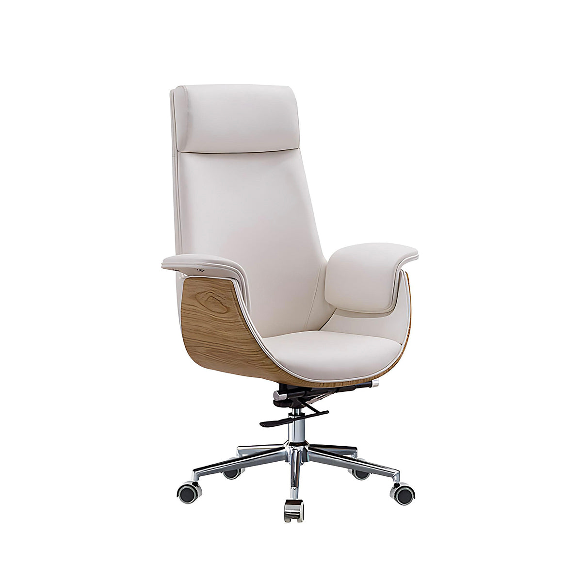 Office Chair, White + Light Wood Grain Leather High-Back Rolling Base Chair, White + Light Wood Grain finish, for office workstation,...