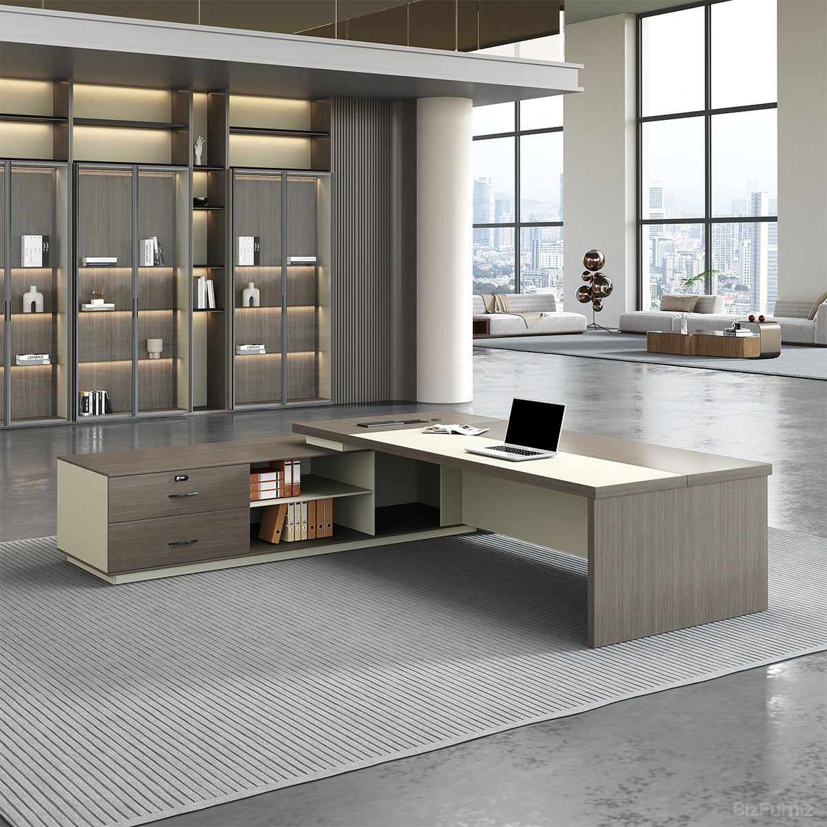 L-shaped Executive Desk with Power Hub, Side Cabinet & Lockable Drawer (79"/87"/94") (Made to Order) product photo 4