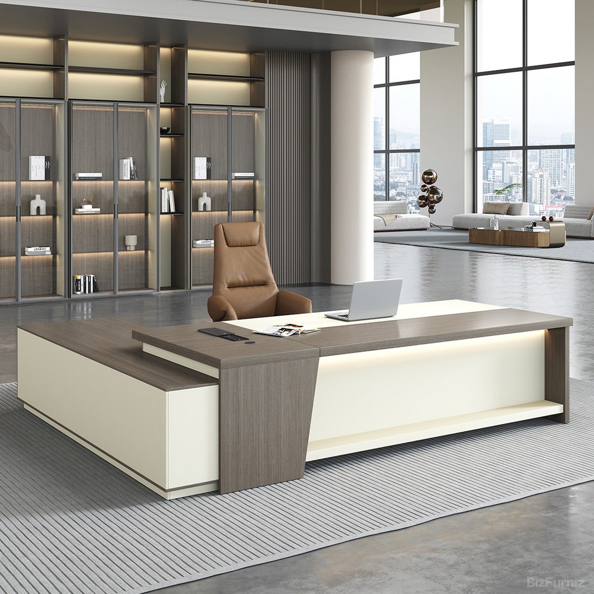 L-shaped Executive Desk with Power Hub, Side Cabinet & Lockable Drawer (79"/87"/94") (Made to Order) product photo 2