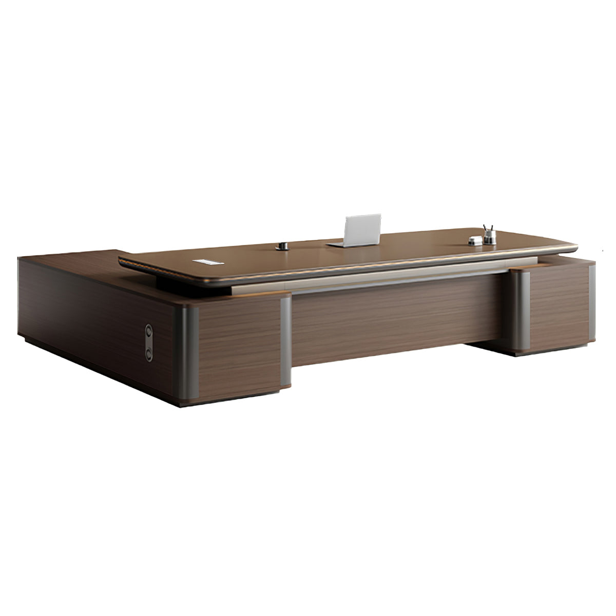 Modern Brown Executive Desk with Side Storage Cabinet for Office