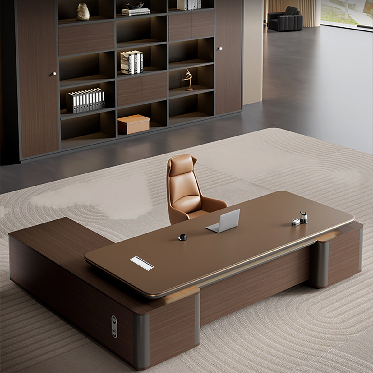 Modern Brown Executive Desk with Side Storage Cabinet for Office