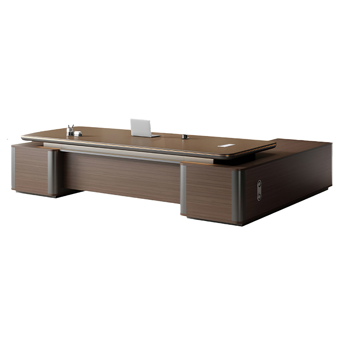 Modern Brown Executive Desk with Side Storage Cabinet for Office