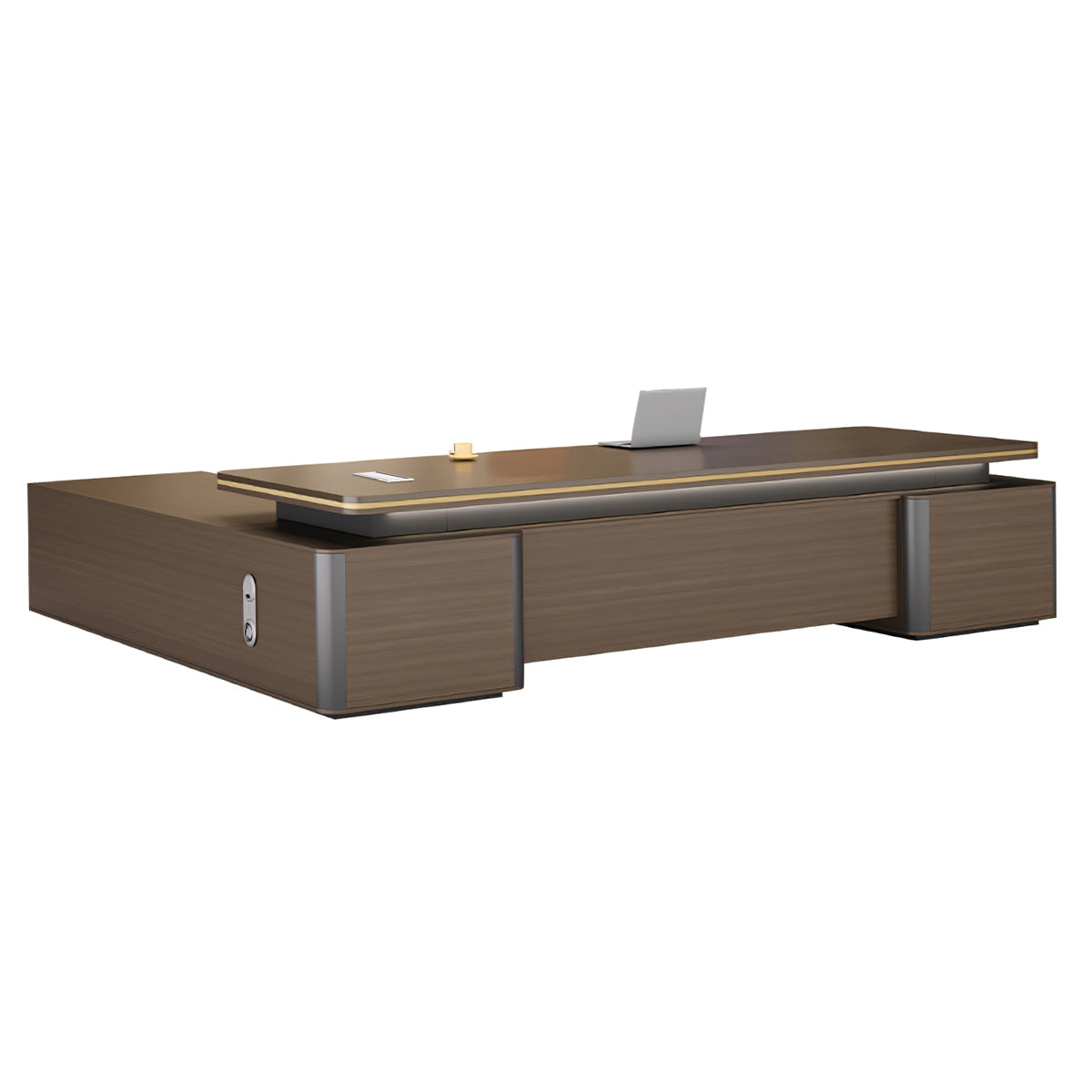 Modern Brown Executive Desk with Side Storage Cabinet for Office