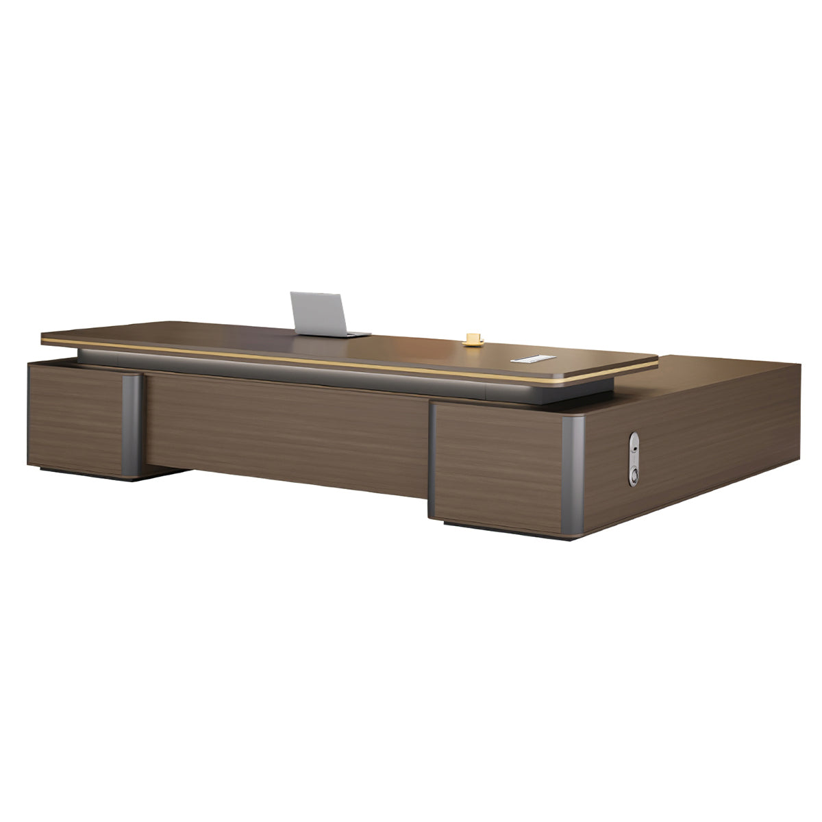 Modern Brown Executive Desk with Side Storage Cabinet for Office
