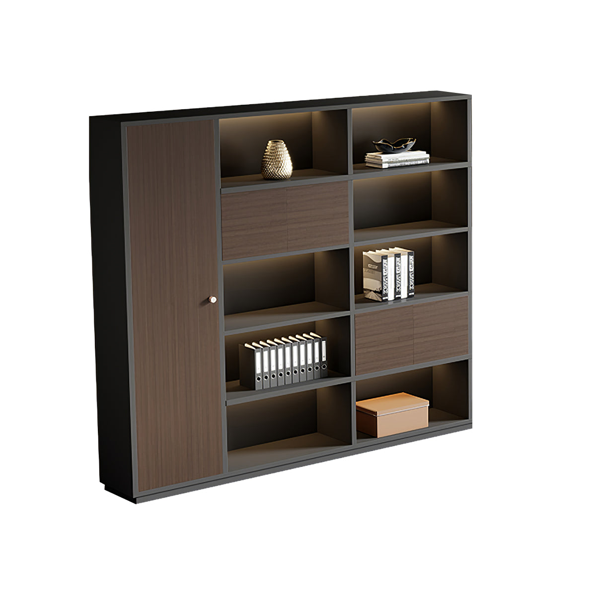 Modern Brown Executive Desk with Side Storage Cabinet for Office